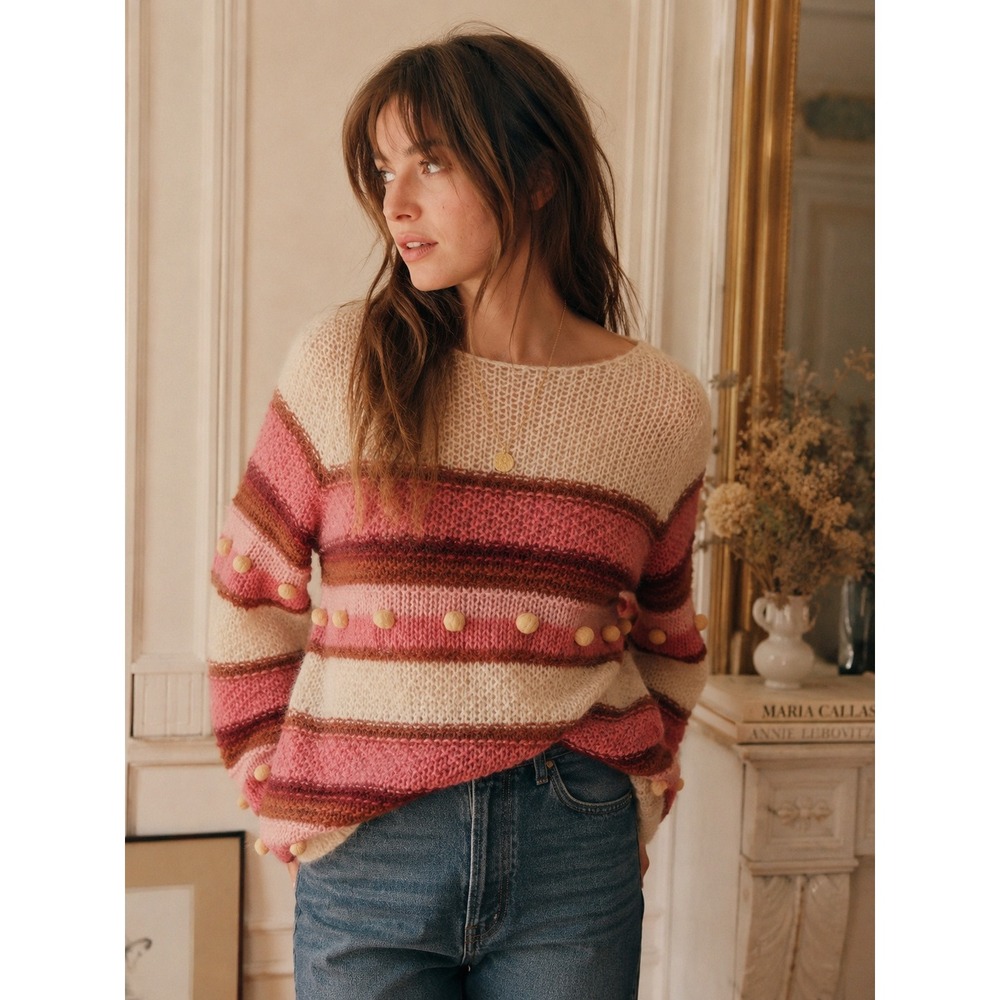 Sezane Penelope Sweater‎ Pink Cream Striped Mohair Merino Wool Pom Pom Knit- XS